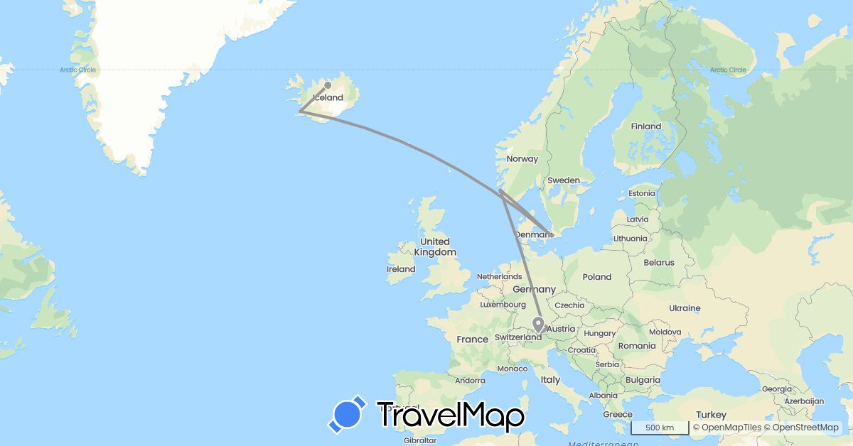 TravelMap itinerary: driving, plane in Austria, Germany, Denmark, Iceland, Norway, Sweden (Europe)