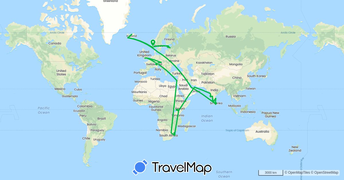 TravelMap itinerary: driving, bus in United Arab Emirates, Austria, Denmark, Estonia, United Kingdom, Israel, India, Iceland, Kenya, Sri Lanka, Mozambique, Norway, Qatar, Swaziland, South Africa (Africa, Asia, Europe)