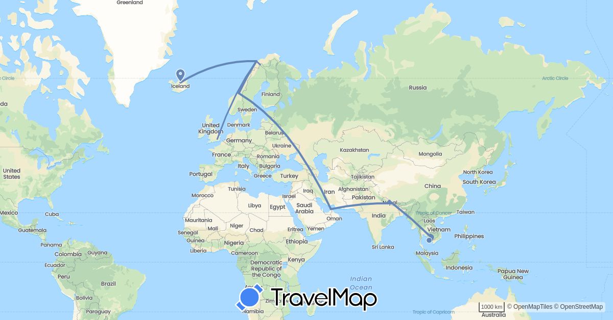 TravelMap itinerary: driving, cycling in United Arab Emirates, Finland, United Kingdom, Iceland, Cambodia, Norway, Nepal, Thailand (Asia, Europe)