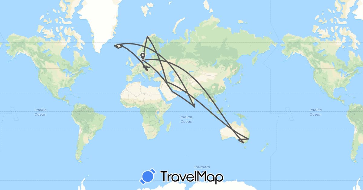 TravelMap itinerary: driving, motorbike in Australia, Czech Republic, Germany, Denmark, Hungary, Iraq, Iceland, Sri Lanka, Norway, Poland, Qatar, Sweden, Slovakia (Asia, Europe, Oceania)