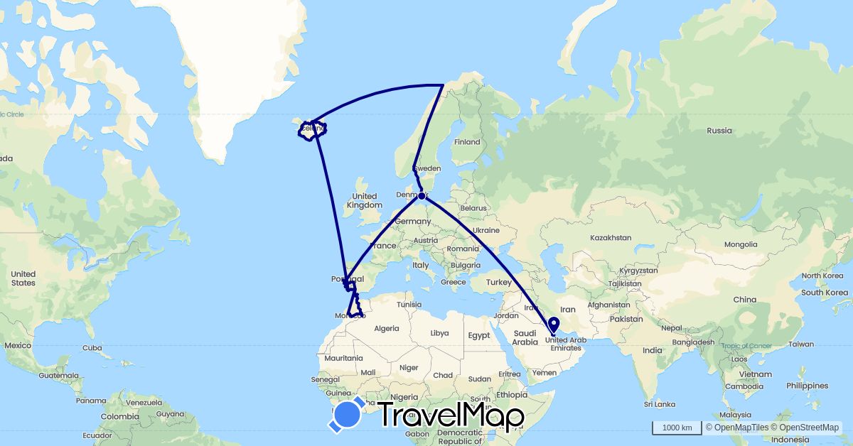 TravelMap itinerary: driving in Bahrain, Denmark, Spain, Gibraltar, Iceland, Morocco, Norway, Portugal, Saudi Arabia, Sweden (Africa, Asia, Europe)