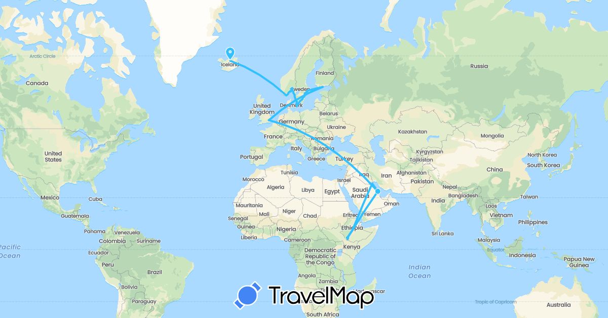 TravelMap itinerary: driving, boat in Bahrain, Ethiopia, Finland, United Kingdom, Iceland, Kuwait, Norway, Sweden (Africa, Asia, Europe)