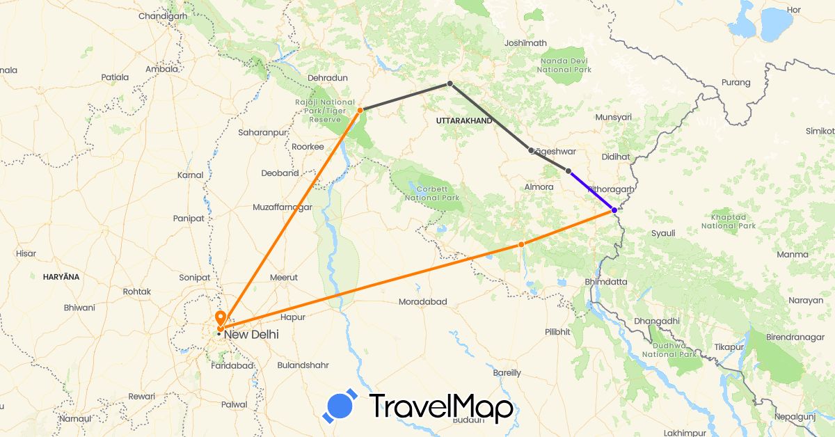TravelMap itinerary: driving, motorbike, driving, river rafting in India (Asia)
