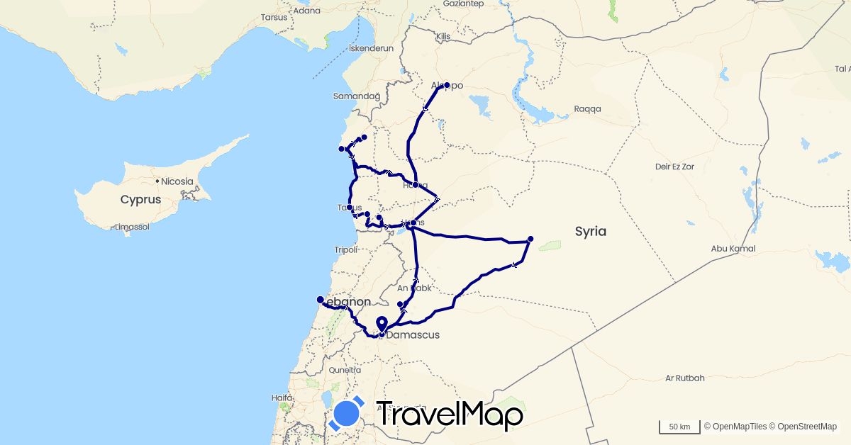 TravelMap itinerary: driving in Lebanon, Syria (Asia)