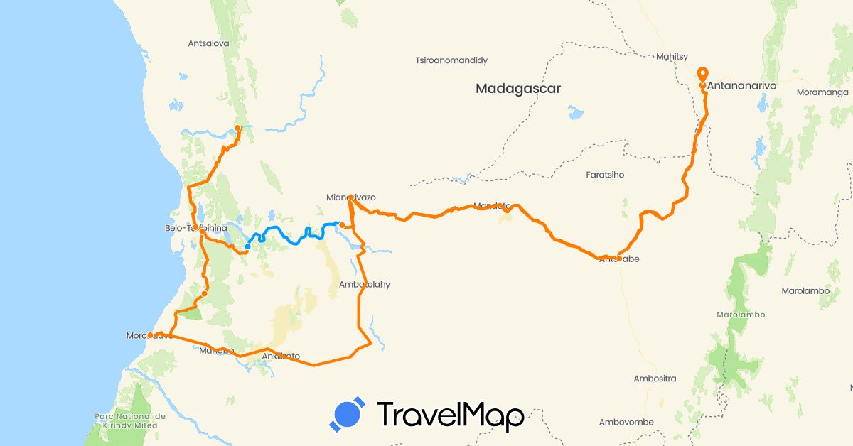 TravelMap itinerary: driving, canoe, driving in Madagascar (Africa)