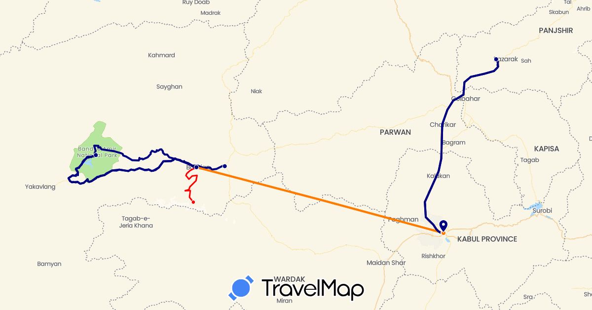 TravelMap itinerary: driving, ski / snowboarding, airplane in Afghanistan (Asia)